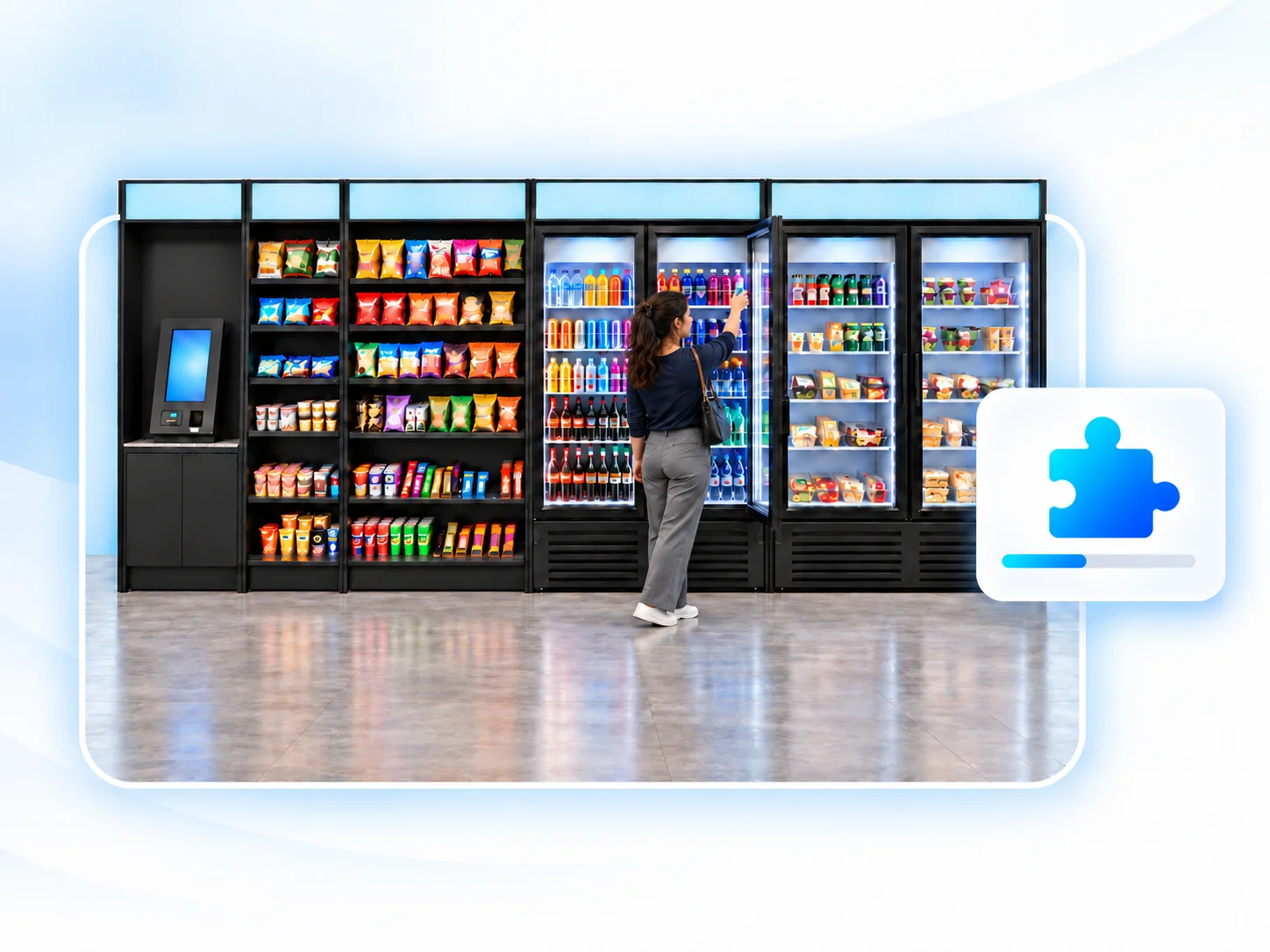 Employee choosing a drink from a glass-door cooler in a modern corporate breakroom micromarket