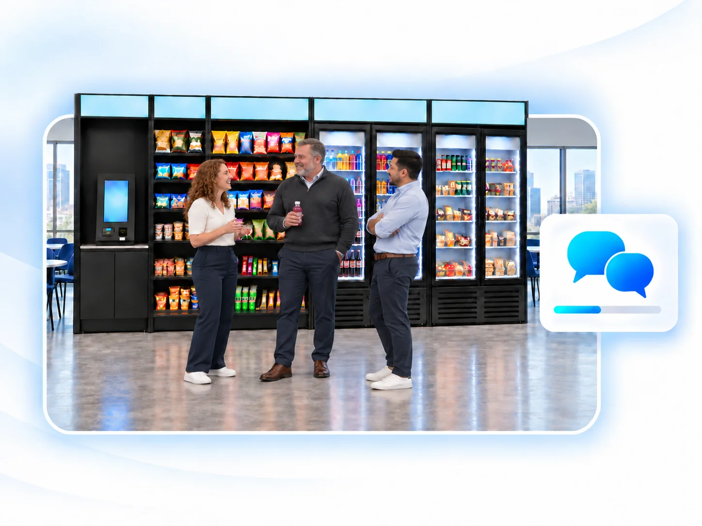 Company leader chatting with two employees near the beverage coolers in a modern breakroom micromarket
