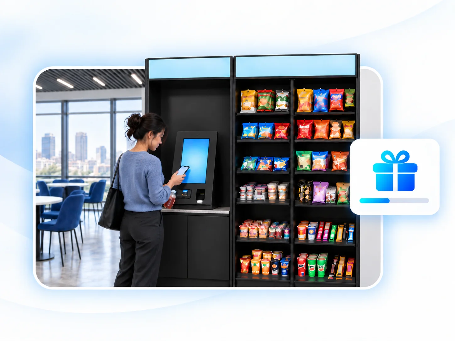 Employee tapping a phone at a self-checkout kiosk in a corporate breakroom market, holding a drink