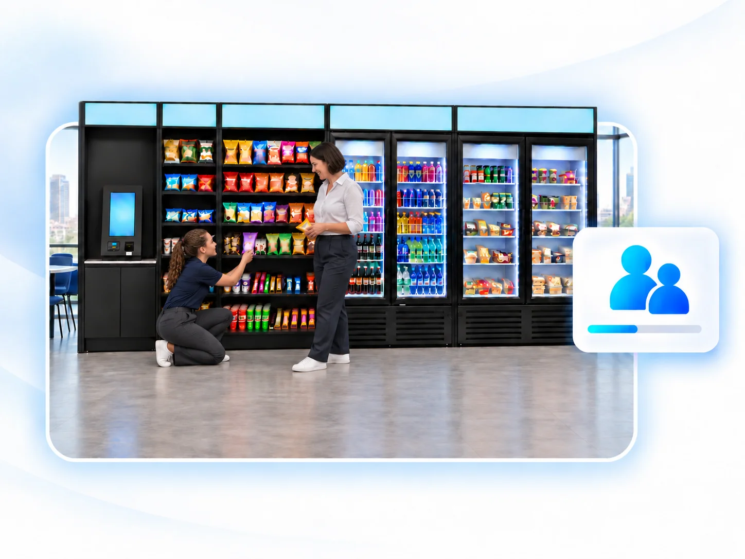 Service team member restocking snack shelves and sharing a laugh with a coworker in a workplace micromarket