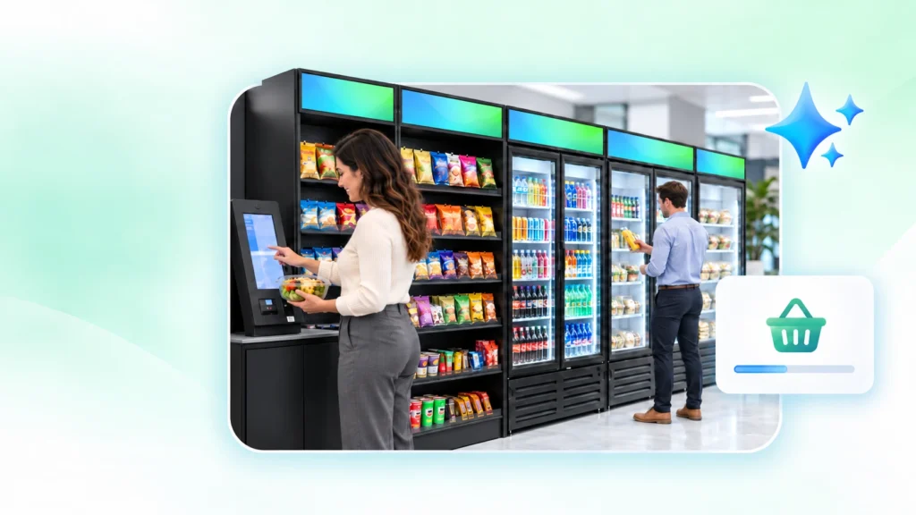 Employees using a self-checkout kiosk and browsing coolers in a workplace micromarket