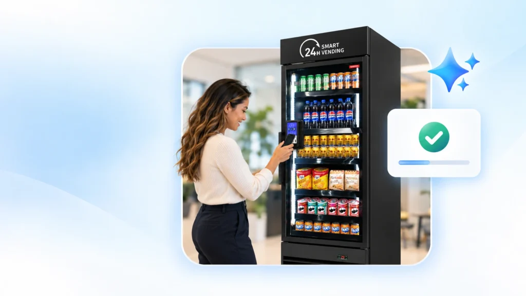 Employee paying with her phone at a smart vending cooler in a modern workplace